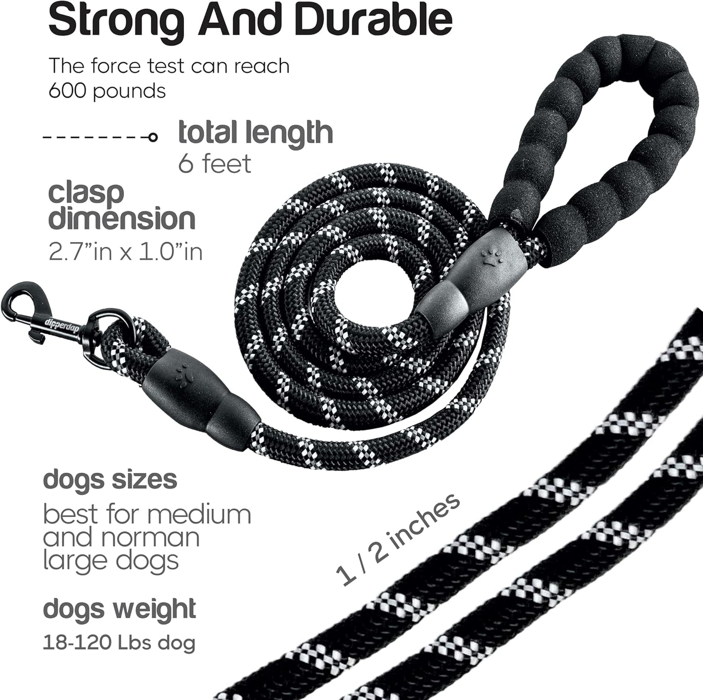 6-Foot Dog Leash Large Dogs with Soft Handle Reflective Leash for Large Breed Dogs | Dog Leash for Small Dogs, Leash for Dogs | Heavy-Duty Nylon Dog Leash for Small Dogs in Black or Purple (Black)