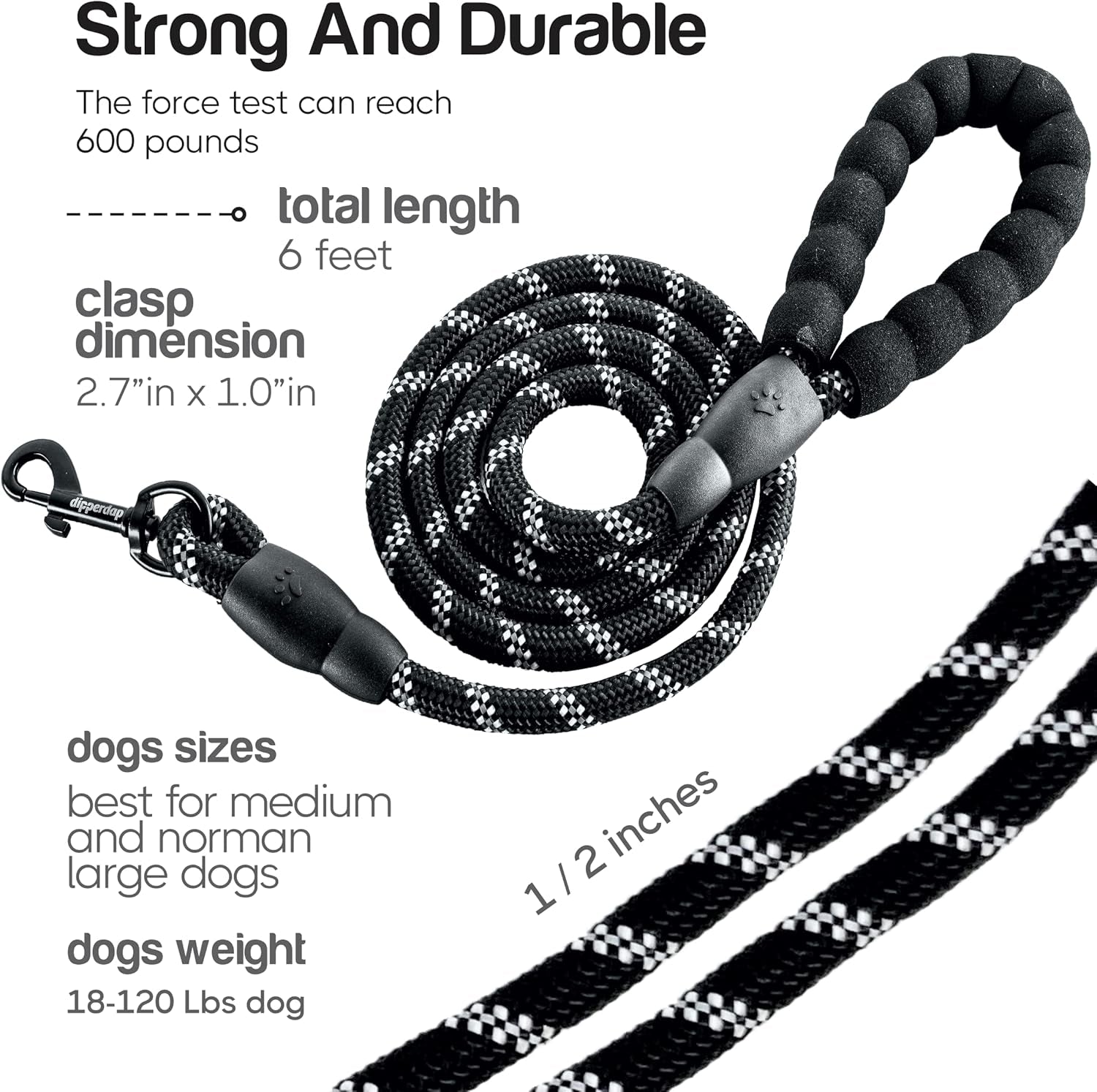 6-Foot Dog Leash Large Dogs with Soft Handle Reflective Leash for Large Breed Dogs | Dog Leash for Small Dogs, Leash for Dogs | Heavy-Duty Nylon Dog Leash for Small Dogs in Black or Purple (Black)