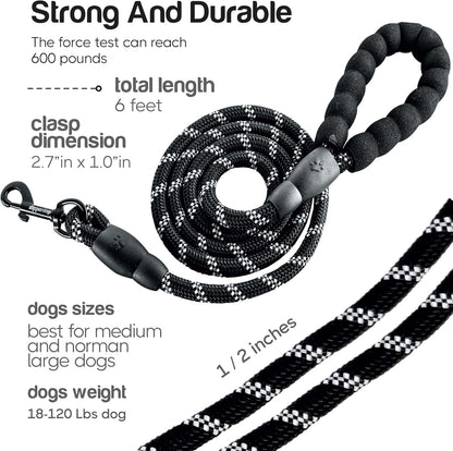 6-Foot Dog Leash Large Dogs with Soft Handle Reflective Leash for Large Breed Dogs | Dog Leash for Small Dogs, Leash for Dogs | Heavy-Duty Nylon Dog Leash for Small Dogs in Black or Purple (Black)
