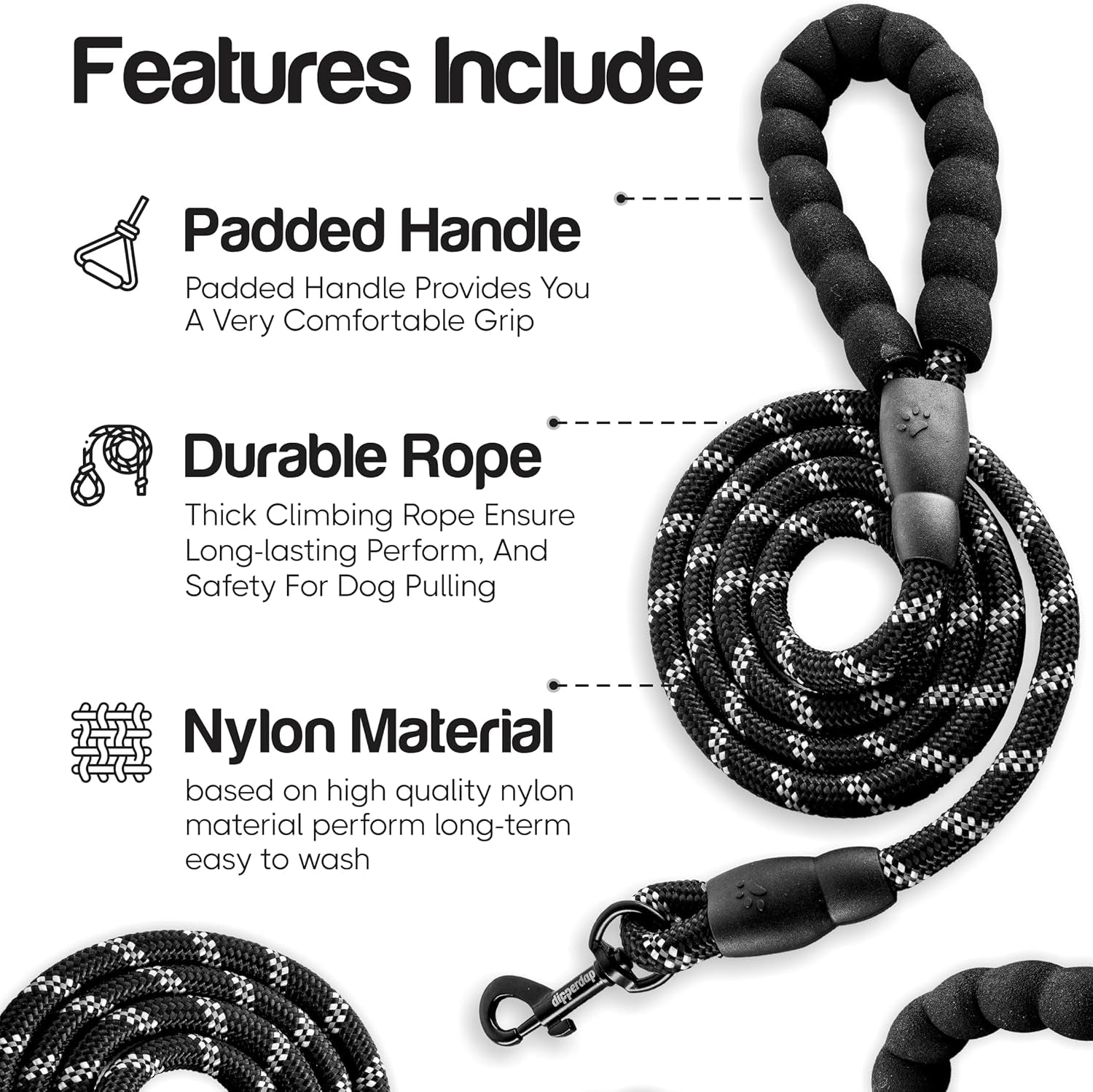 6-Foot Dog Leash Large Dogs with Soft Handle Reflective Leash for Large Breed Dogs | Dog Leash for Small Dogs, Leash for Dogs | Heavy-Duty Nylon Dog Leash for Small Dogs in Black or Purple (Black)